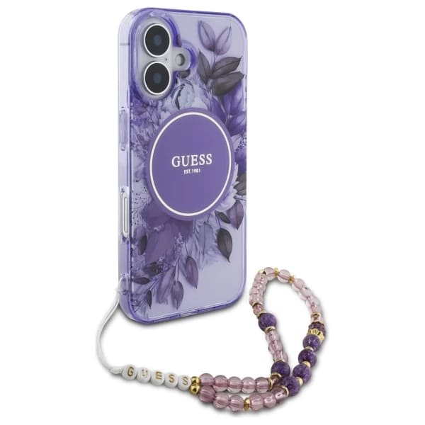 MagSafe hoesje voor Apple iPhone 16 Plus, Guess, IML Flowers with Pearl Strap, Paars