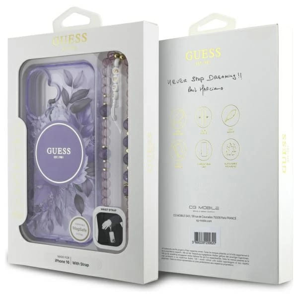 MagSafe hoesje voor Apple iPhone 16 Plus, Guess, IML Flowers with Pearl Strap, Paars