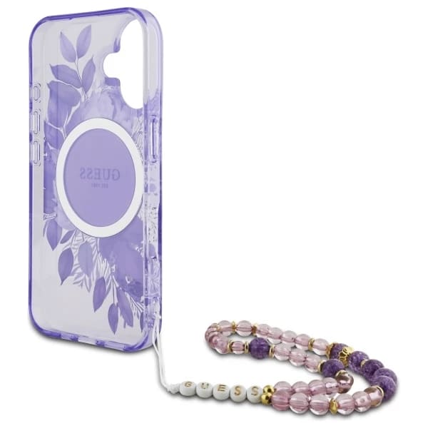 MagSafe hoesje voor Apple iPhone 16 Plus, Guess, IML Flowers with Pearl Strap, Paars