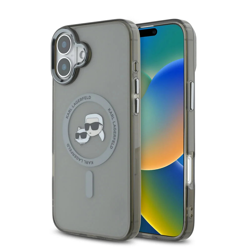 MagSafe hoesje voor Apple iPhone 16 Plus, Karl Lagerfeld, IML Metal Karl & Choupette's Heads, Zwart