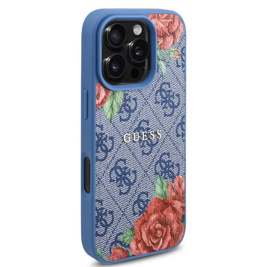 MagSafe hoesje voor Apple iPhone 16 Pro, Guess, 4G Flowers Print, Blauw