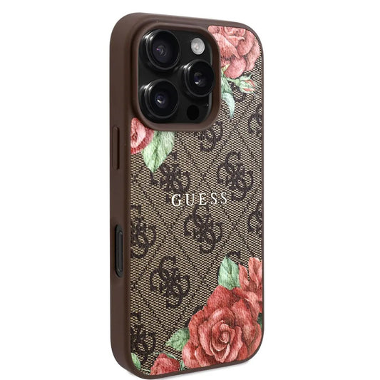MagSafe hoesje voor Apple iPhone 16 Pro, Guess, 4G Flowers Print, Bruin
