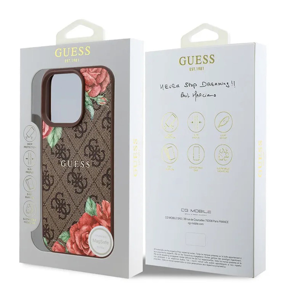 MagSafe hoesje voor Apple iPhone 16 Pro, Guess, 4G Flowers Print, Bruin