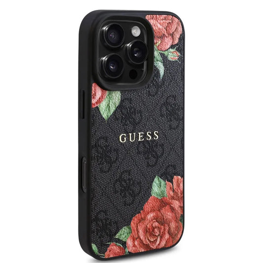 MagSafe hoesje voor Apple iPhone 16 Pro, Guess, 4G Flowers Print, Zwart
