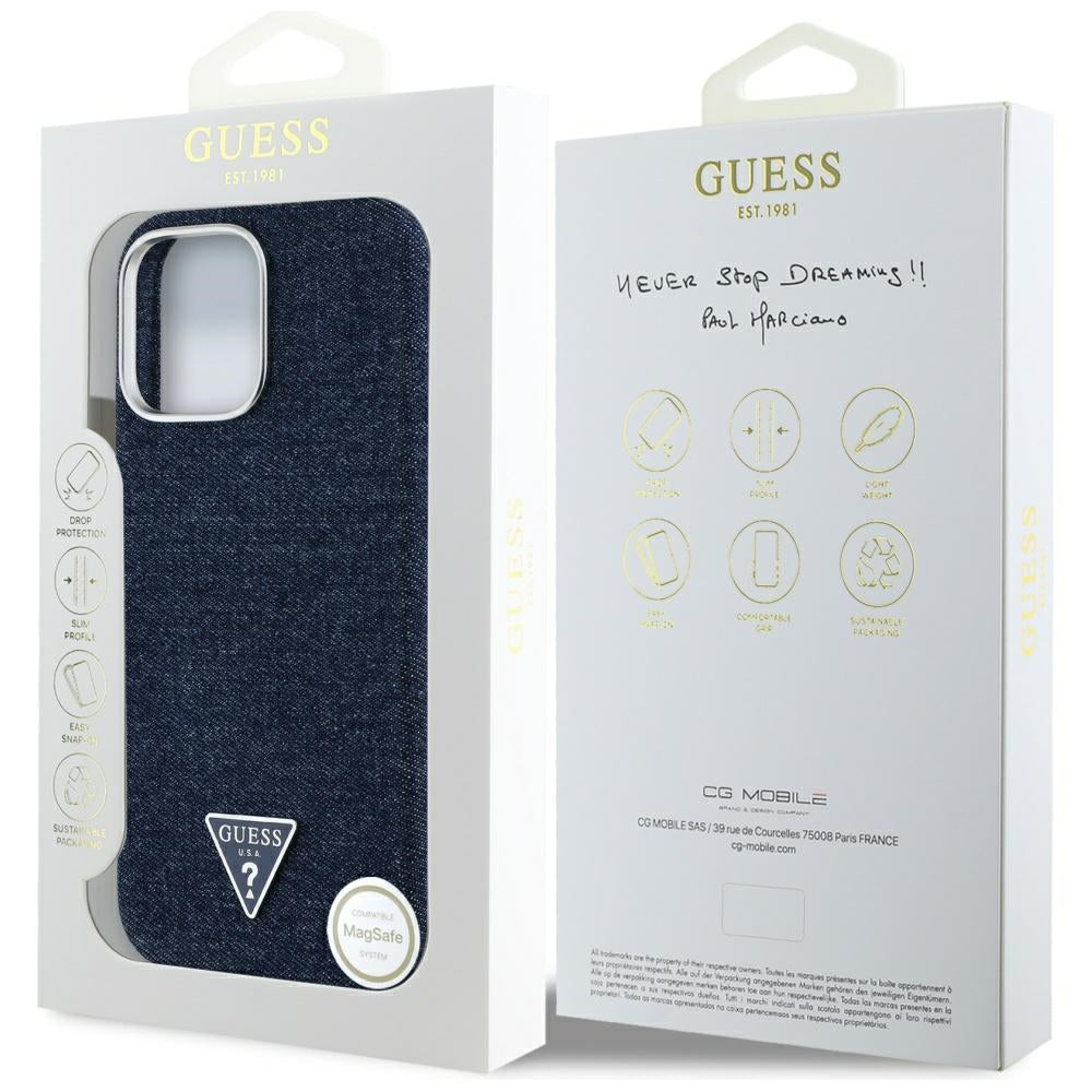 MagSafe hoesje voor Apple iPhone 16 Pro, Guess, Denim Triangle Logo, Blauw