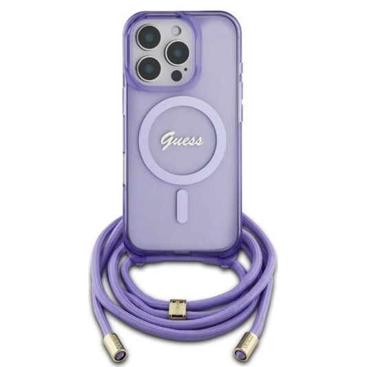 MagSafe hoesje voor Apple iPhone 16 Pro, Guess, IML Crossbody Cord Script, Paars