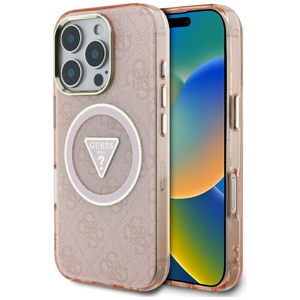 MagSafe hoesje voor Apple iPhone 16 Pro, Guess, IML Glitter 4G Circle Triangle, Roze