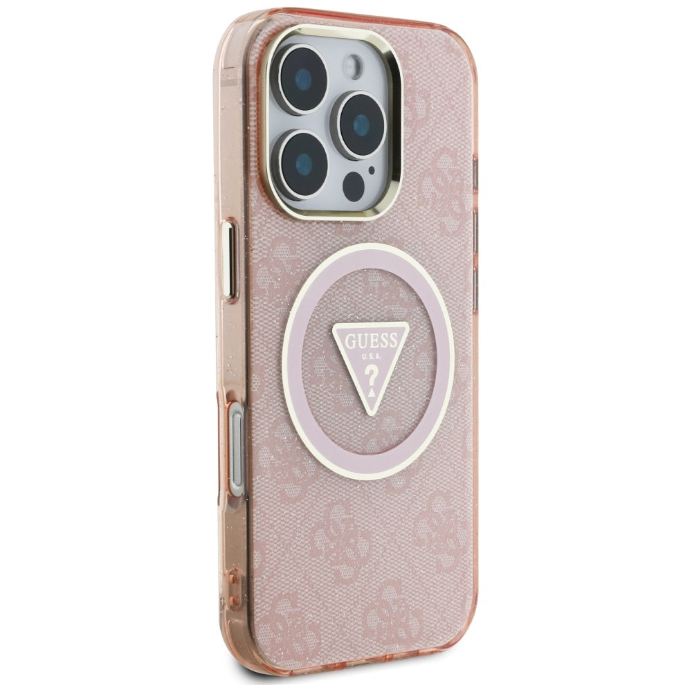 MagSafe hoesje voor Apple iPhone 16 Pro, Guess, IML Glitter 4G Circle Triangle, Roze