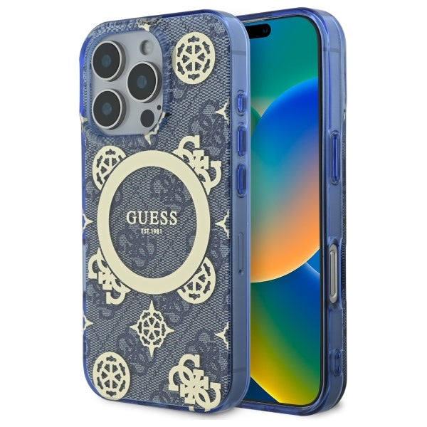 MagSafe-hoesje voor Apple iPhone 16 Pro, Guess, IML Peony op 4G-achtergrond, Blauw