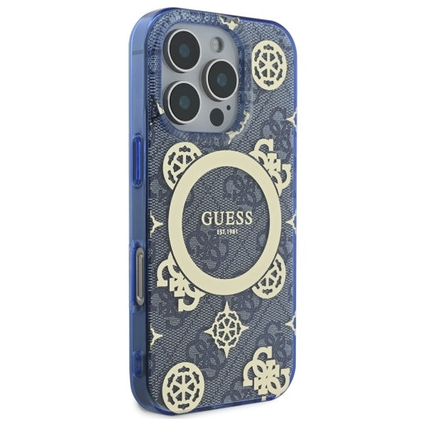 MagSafe-hoesje voor Apple iPhone 16 Pro, Guess, IML Peony op 4G-achtergrond, Blauw
