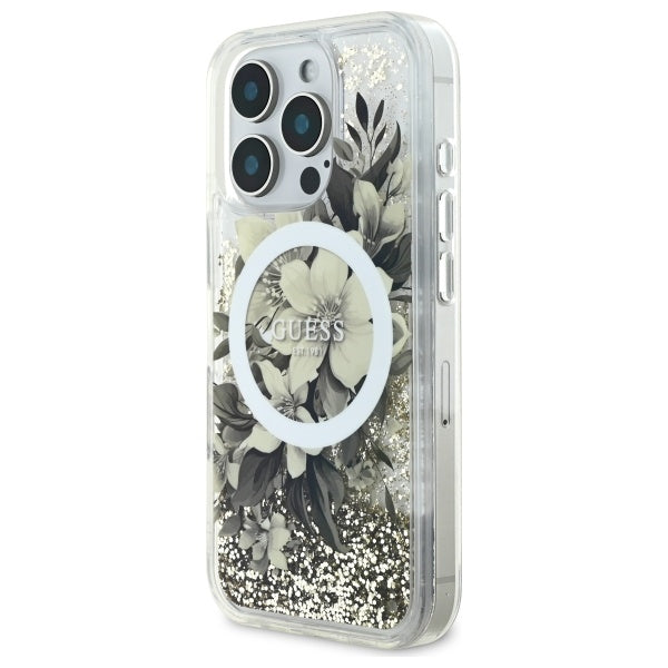 MagSafe hoesje voor Apple iPhone 16 Pro, Guess, Liquid Glitter Flower, Beige