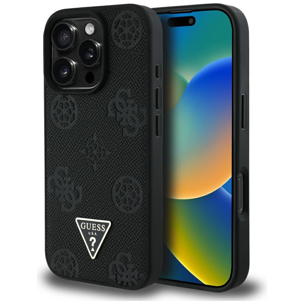 MagSafe Case for Apple iPhone 16 Pro, Guess, Peony Grained Hot Stamp Triangle, Black