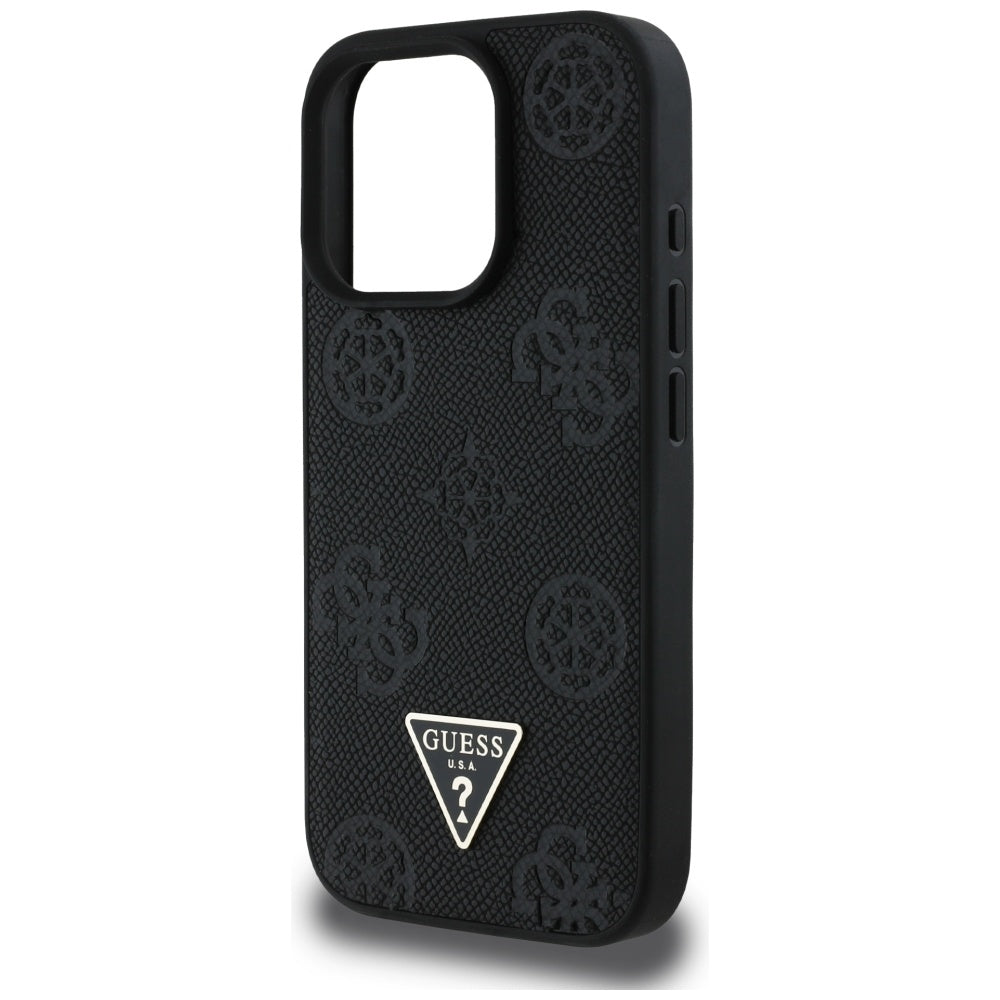 MagSafe Case for Apple iPhone 16 Pro, Guess, Peony Grained Hot Stamp Triangle, Black