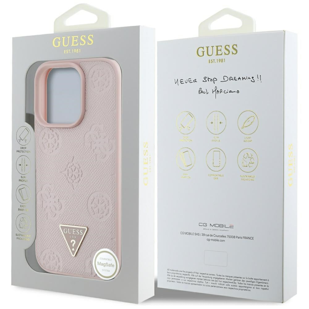 MagSafe Case for Apple iPhone 16 Pro, Guess, Peony Grained Hot Stamp Triangle, Pink