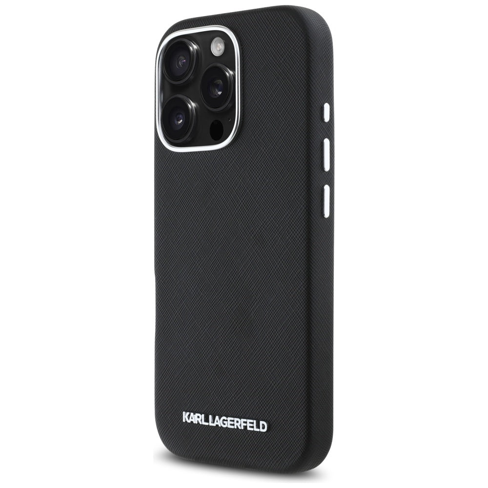 MagSafe hoes voor Apple iPhone 16 Pro, Karl Lagerfeld, Saffiano Volledig Omhuld Verlengd Metalen Logo, Zwart