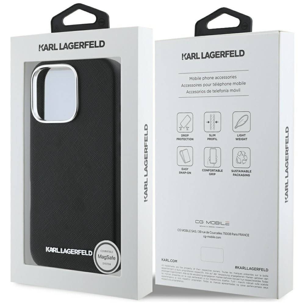 MagSafe hoes voor Apple iPhone 16 Pro, Karl Lagerfeld, Saffiano Volledig Omhuld Verlengd Metalen Logo, Zwart