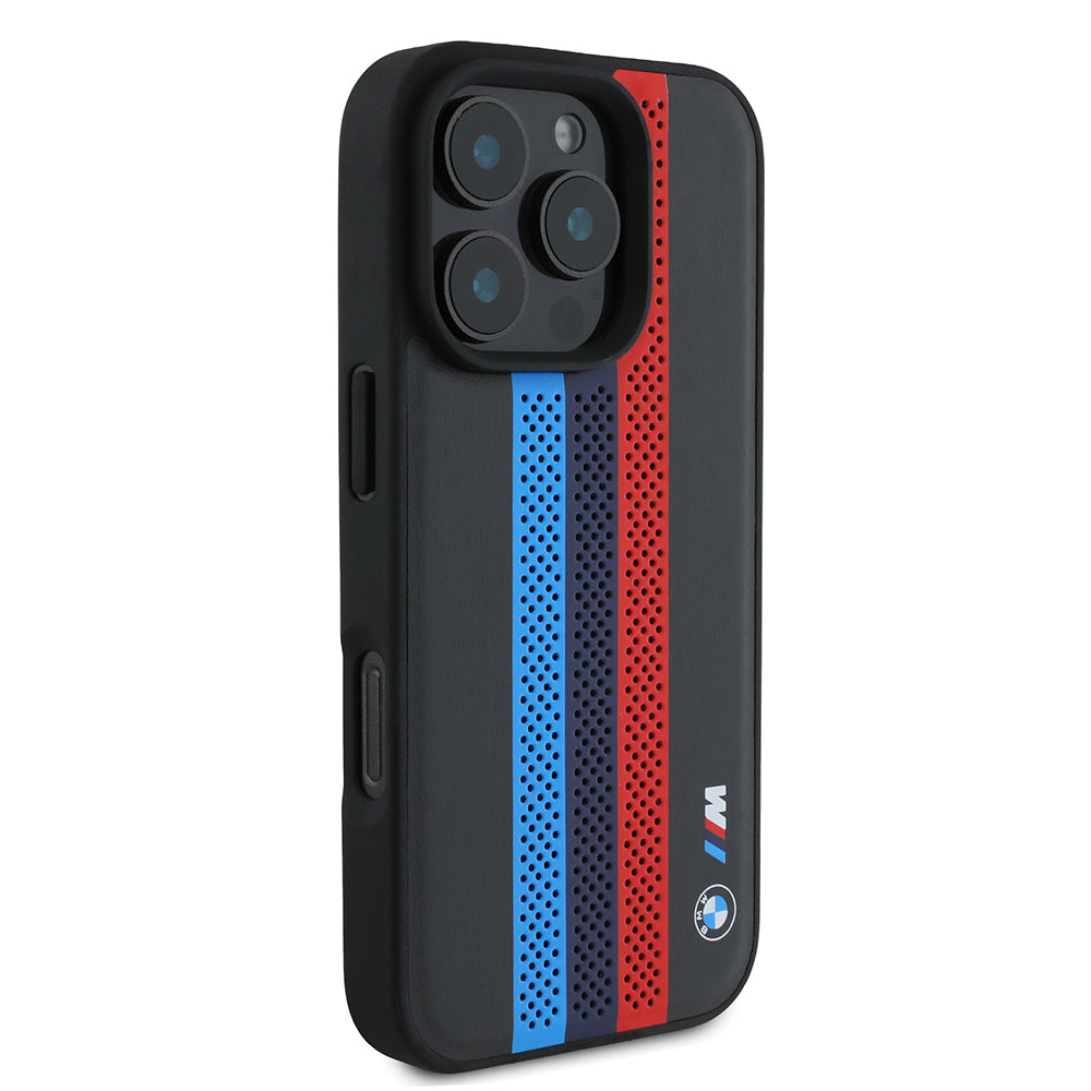 MagSafe hoes voor Apple iPhone 16 Pro Max, BMW, Perforated M Perf. Tricolor Stripers, Zwart