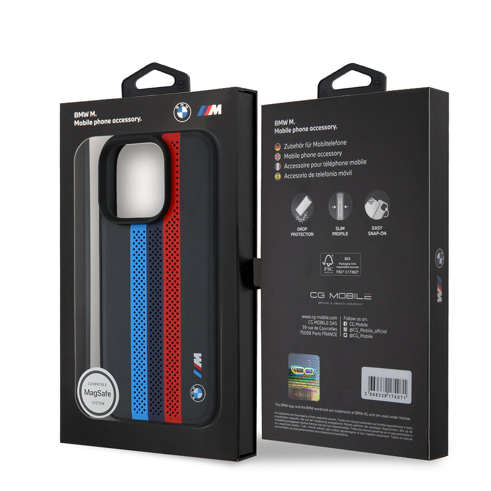 MagSafe hoes voor Apple iPhone 16 Pro Max, BMW, Perforated M Perf. Tricolor Stripers, Zwart