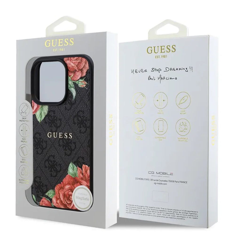 MagSafe hoesje voor Apple iPhone 16 Pro Max, Guess, 4G Flowers Print, Zwart