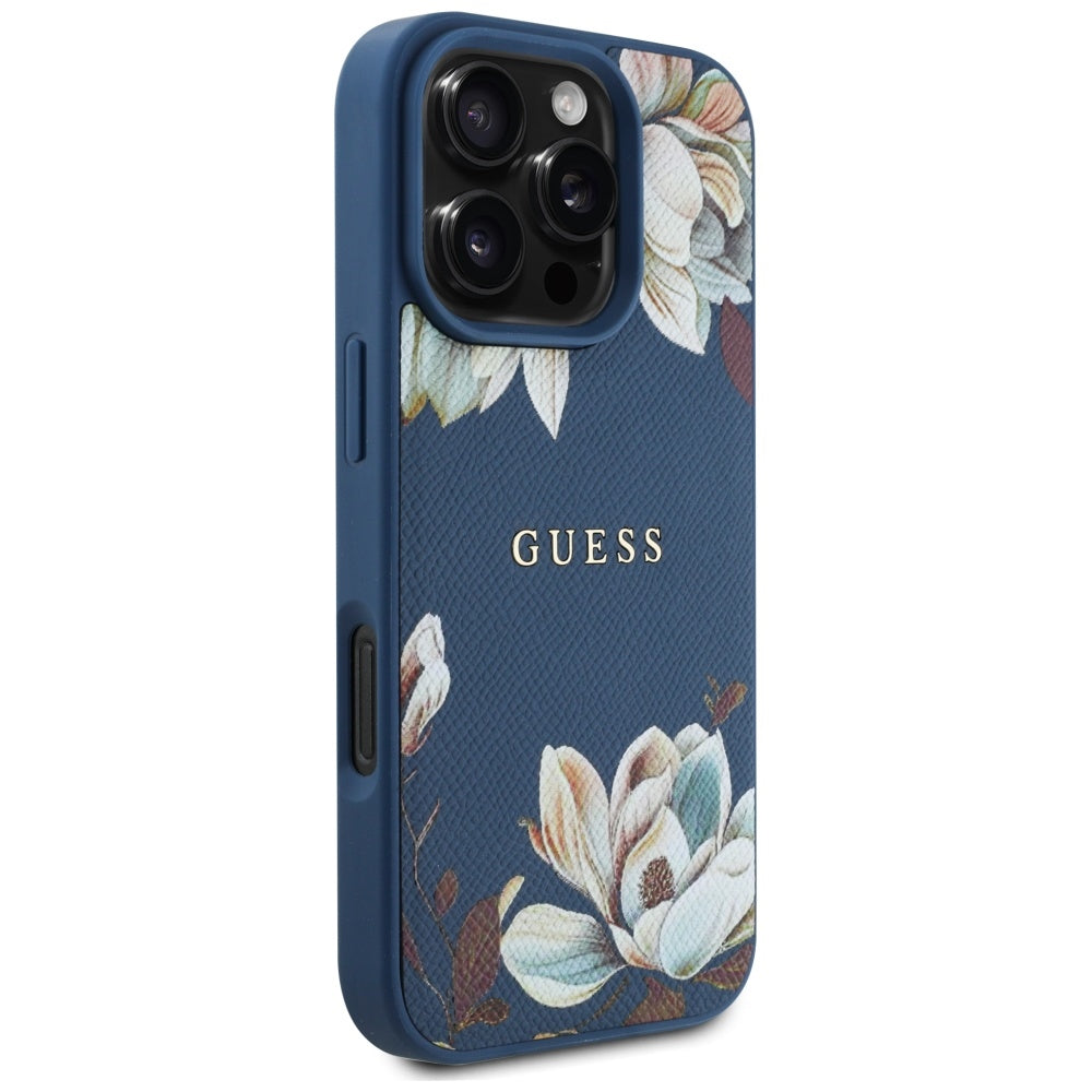 MagSafe hoes voor Apple iPhone 16 Pro Max, Guess, Grained Flowers, Blauw