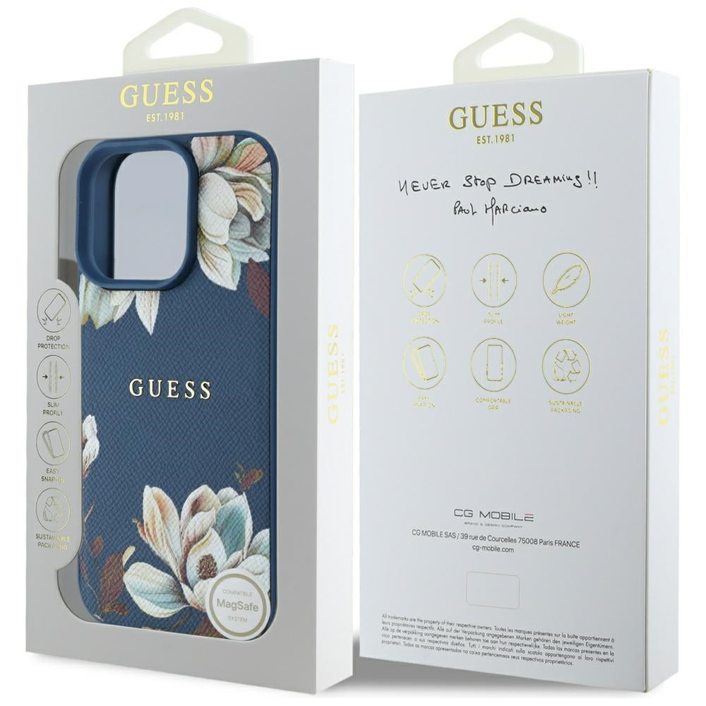 MagSafe hoes voor Apple iPhone 16 Pro Max, Guess, Grained Flowers, Blauw