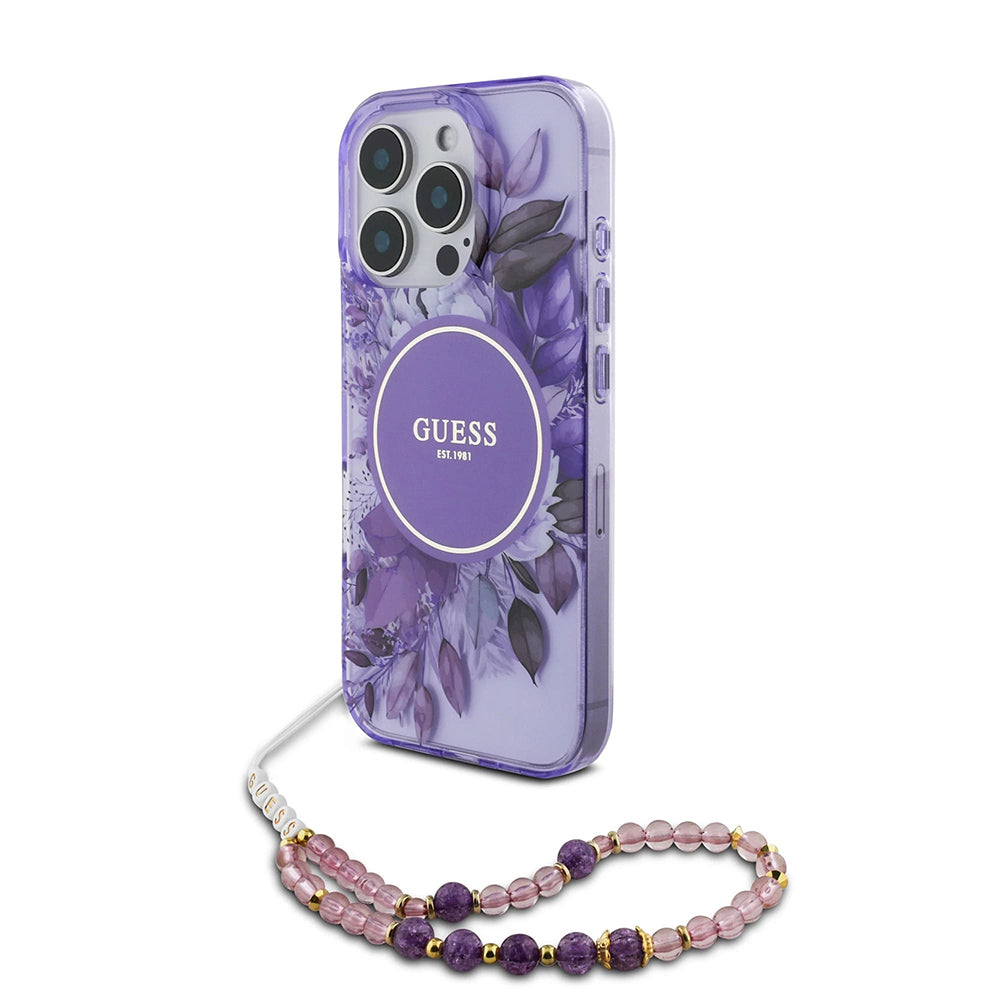 MagSafe Case for Apple iPhone 16 Pro Max, Guess, IML Flowers with Pearl Strap, Purple