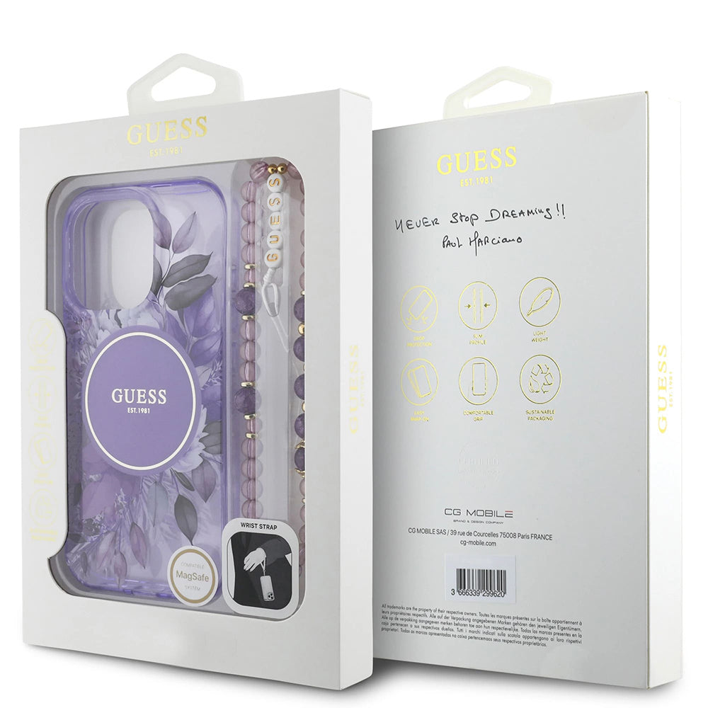 MagSafe Case for Apple iPhone 16 Pro Max, Guess, IML Flowers with Pearl Strap, Purple