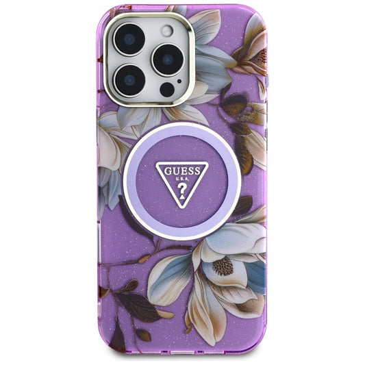 MagSafe hoesje voor Apple iPhone 16 Pro Max, Guess, IML Metal Glitter Flowers Triangle, Paars