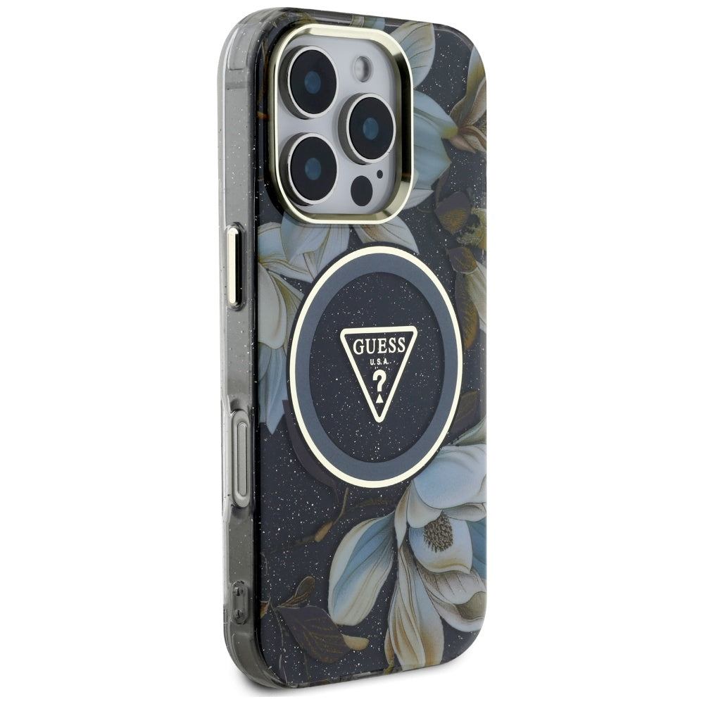 MagSafe hoes voor Apple iPhone 16 Pro Max, Guess, IML Metal Glitter Flowers Triangle, Zwart