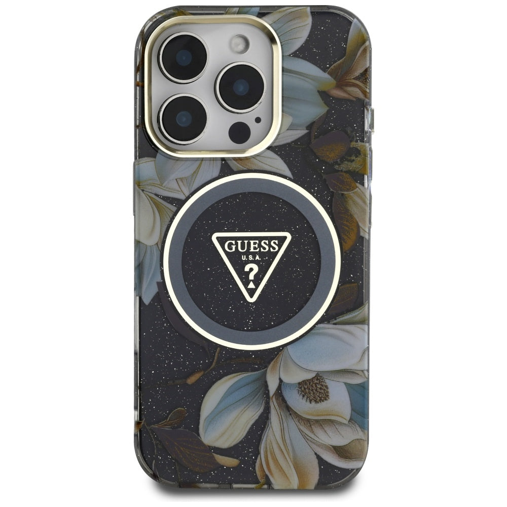 MagSafe hoes voor Apple iPhone 16 Pro Max, Guess, IML Metal Glitter Flowers Triangle, Zwart
