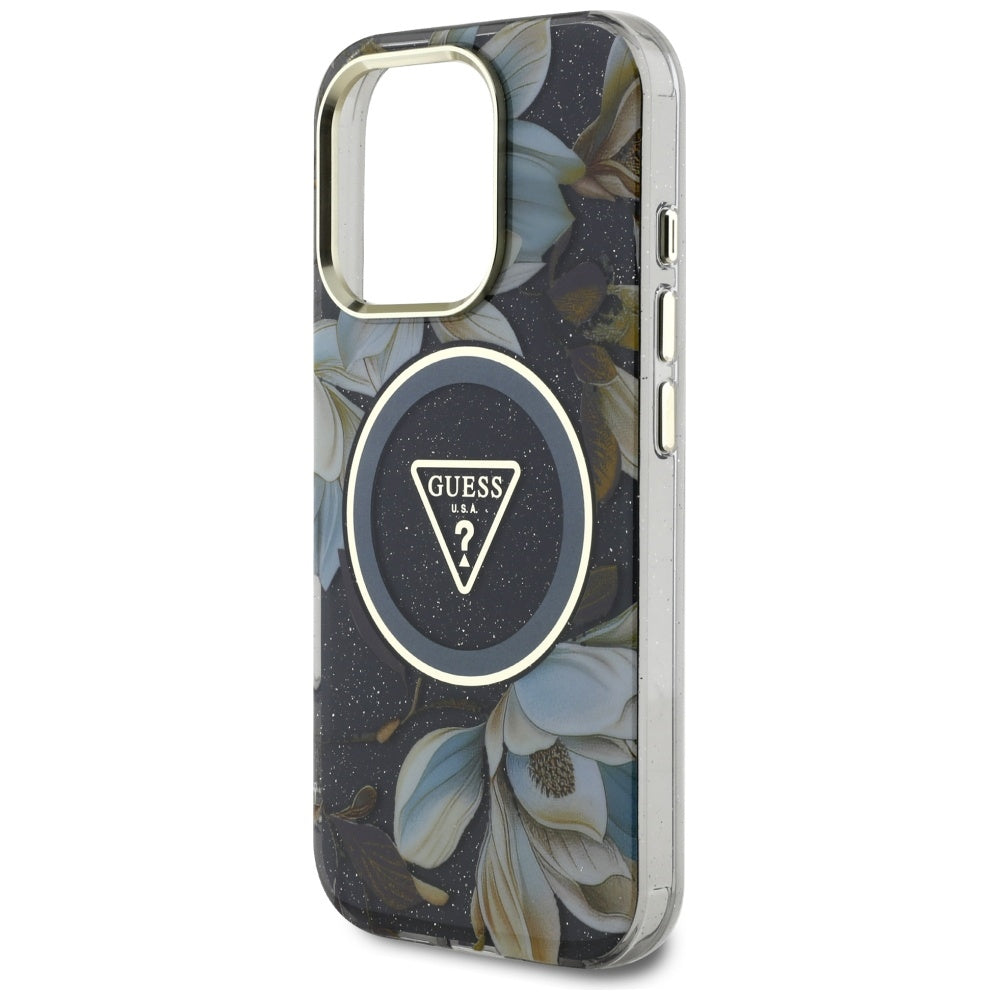MagSafe hoes voor Apple iPhone 16 Pro Max, Guess, IML Metal Glitter Flowers Triangle, Zwart
