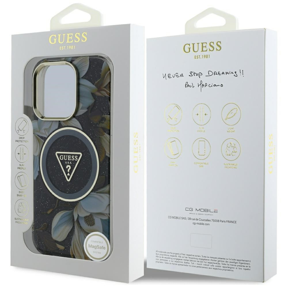 MagSafe hoes voor Apple iPhone 16 Pro Max, Guess, IML Metal Glitter Flowers Triangle, Zwart