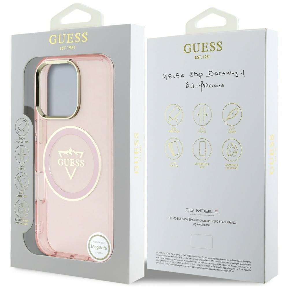 MagSafe Case for Apple iPhone 16 Pro Max, Guess, IML Metal Mountain Logo, Pink