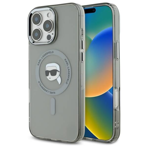 MagSafe hoesje voor Apple iPhone 16 Pro Max, Karl Lagerfeld, IML Metal Karl's Head, Zwart