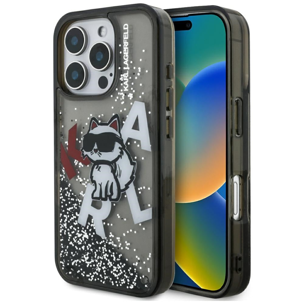 MagSafe hoes voor Apple iPhone 16 Pro Max, Karl Lagerfeld, Liquid Glitter Choupette Logo, Zwart