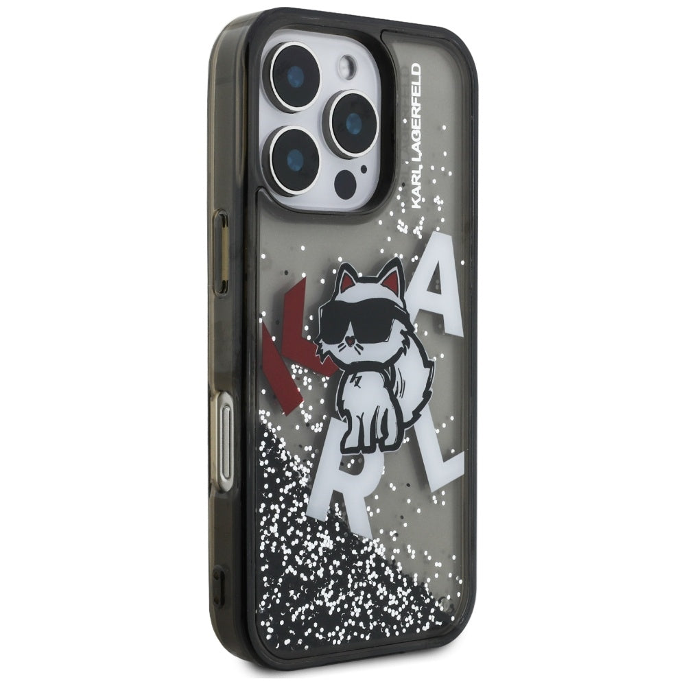 MagSafe hoes voor Apple iPhone 16 Pro Max, Karl Lagerfeld, Liquid Glitter Choupette Logo, Zwart