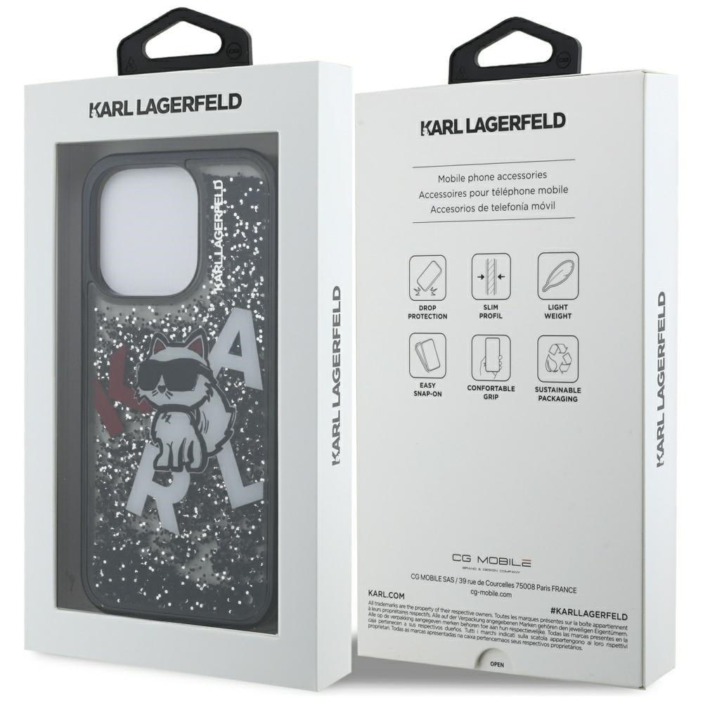 MagSafe hoes voor Apple iPhone 16 Pro Max, Karl Lagerfeld, Liquid Glitter Choupette Logo, Zwart