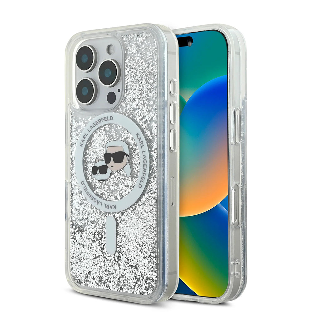 MagSafe hoes voor Apple iPhone 16 Pro Max, Karl Lagerfeld, Liquid Glitter Karl & Choupette's Heads, Transparant
