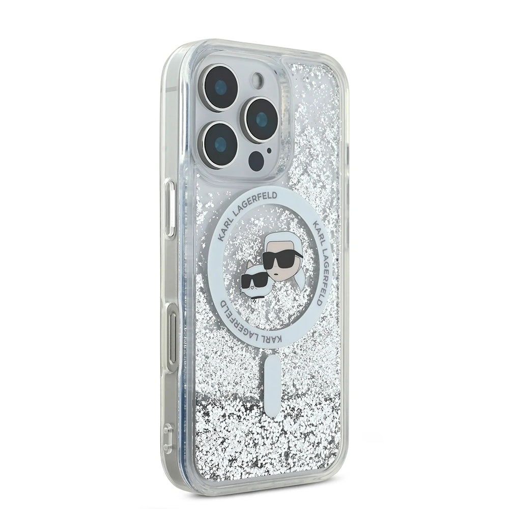 MagSafe hoes voor Apple iPhone 16 Pro Max, Karl Lagerfeld, Liquid Glitter Karl & Choupette's Heads, Transparant