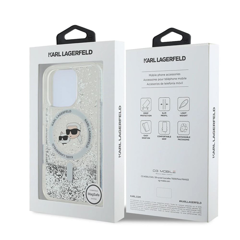MagSafe hoes voor Apple iPhone 16 Pro Max, Karl Lagerfeld, Liquid Glitter Karl & Choupette's Heads, Transparant