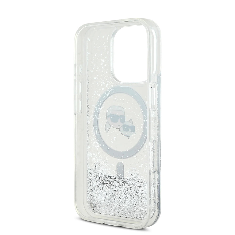 MagSafe hoes voor Apple iPhone 16 Pro Max, Karl Lagerfeld, Liquid Glitter Karl & Choupette's Heads, Transparant