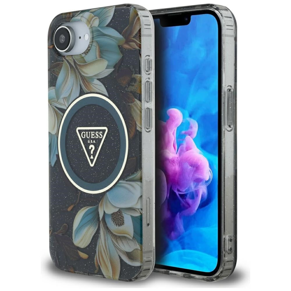 MagSafe hoesje voor Apple iPhone 17e / 16e, Guess, IML Metal Glitter Flowers Triangle, Zwart