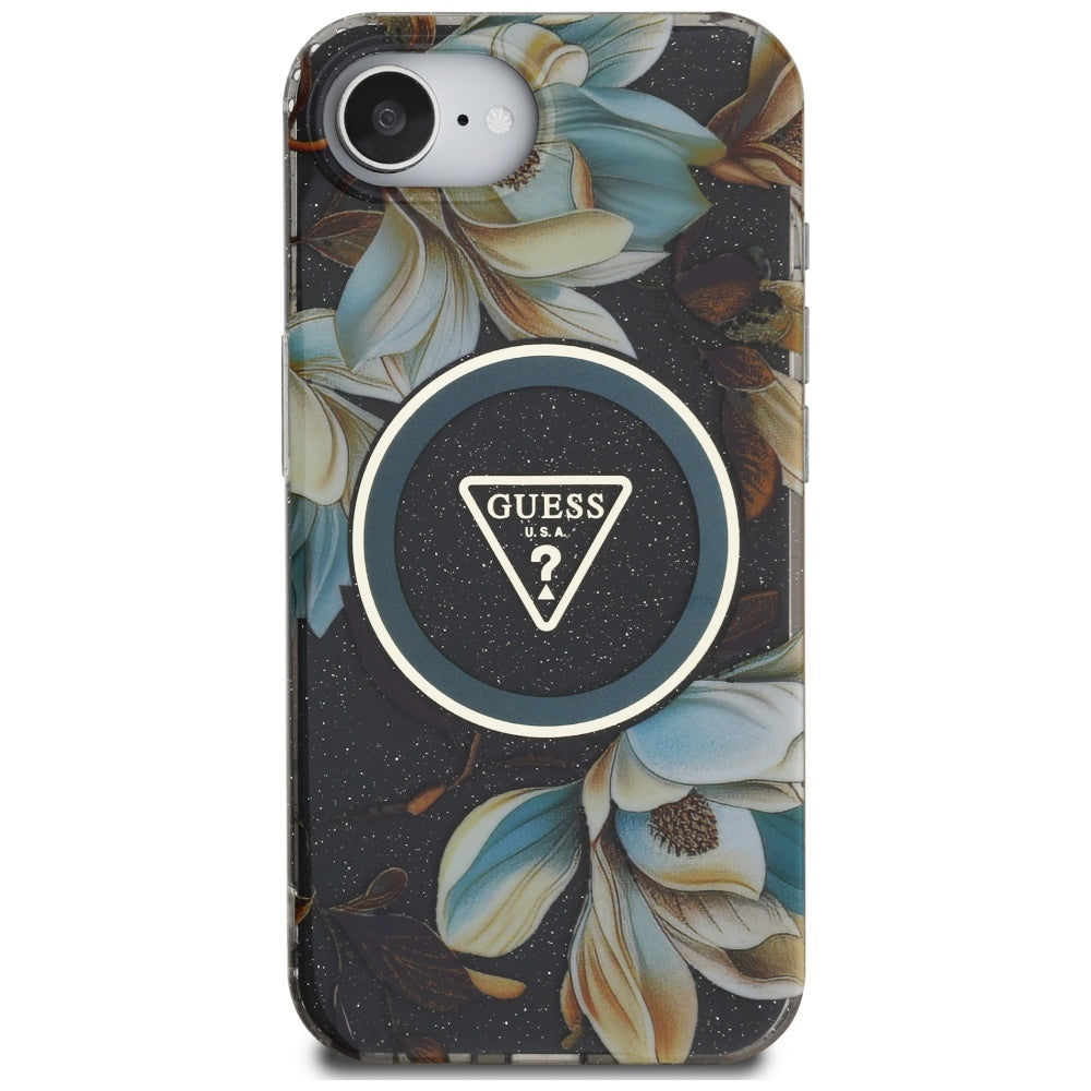 MagSafe hoesje voor Apple iPhone 17e / 16e, Guess, IML Metal Glitter Flowers Triangle, Zwart