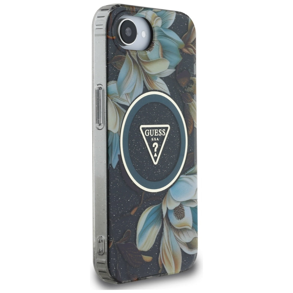 MagSafe hoesje voor Apple iPhone 17e / 16e, Guess, IML Metal Glitter Flowers Triangle, Zwart