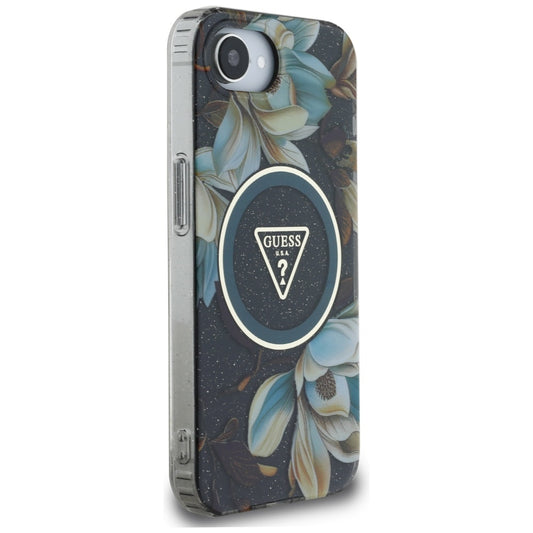 MagSafe hoesje voor Apple iPhone 16e, Guess, IML Metal Glitter Flowers Triangle, Zwart