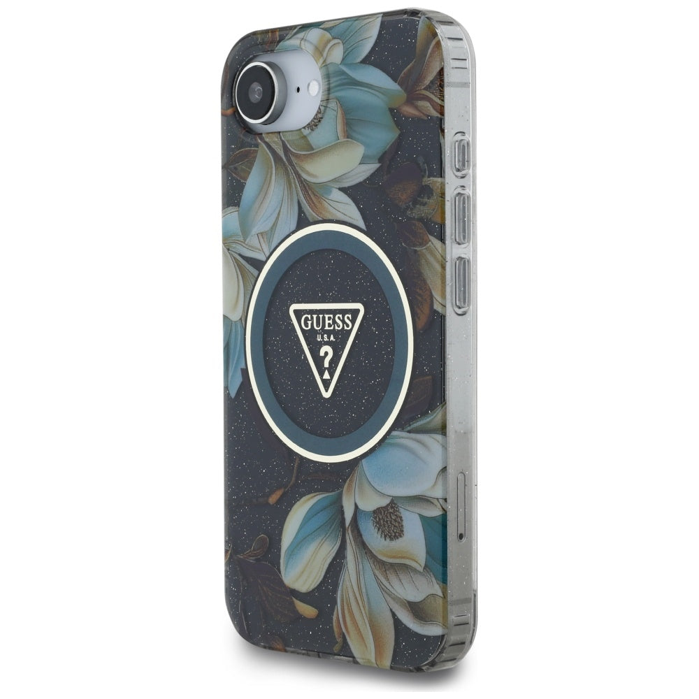 MagSafe hoesje voor Apple iPhone 17e / 16e, Guess, IML Metal Glitter Flowers Triangle, Zwart