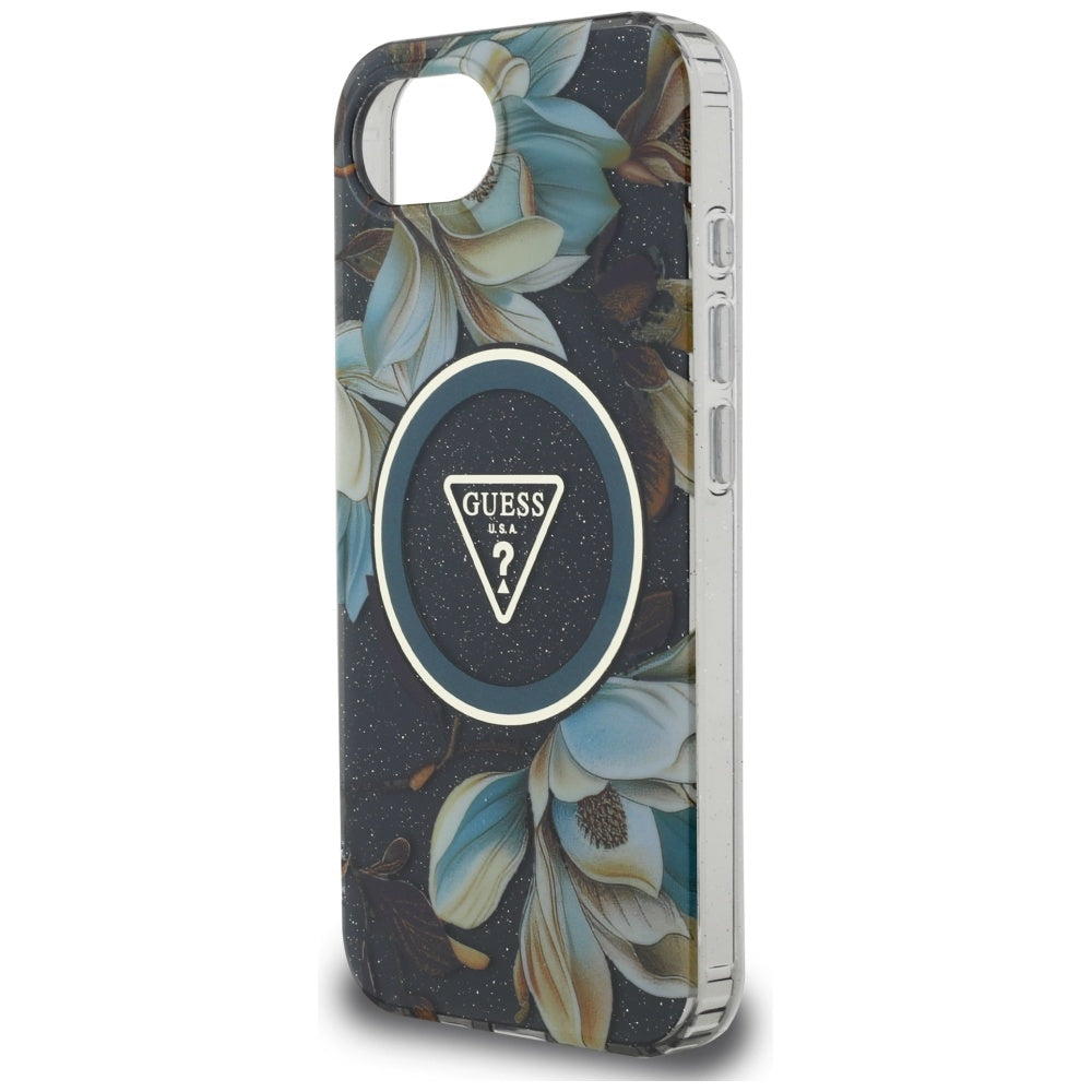 MagSafe hoesje voor Apple iPhone 17e / 16e, Guess, IML Metal Glitter Flowers Triangle, Zwart