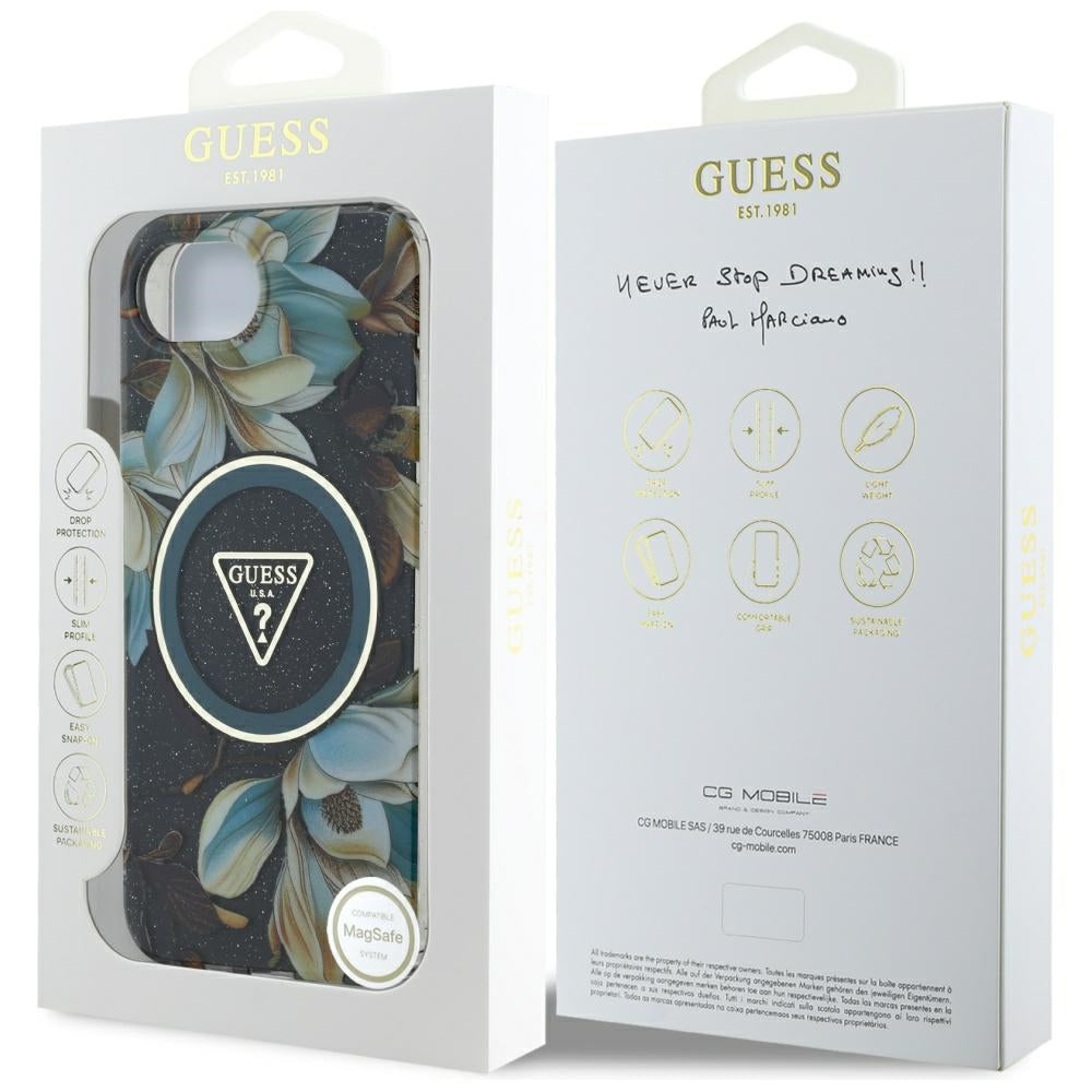 MagSafe hoesje voor Apple iPhone 17e / 16e, Guess, IML Metal Glitter Flowers Triangle, Zwart