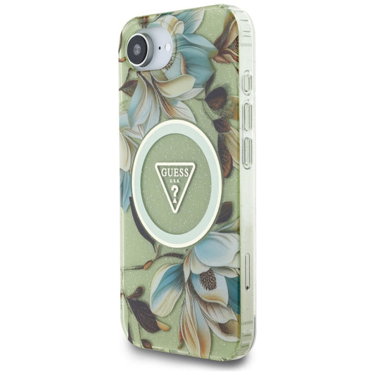 MagSafe hoesje voor Apple iPhone 16e, Guess, IML Metal Glitter Flowers Triangle, Groen