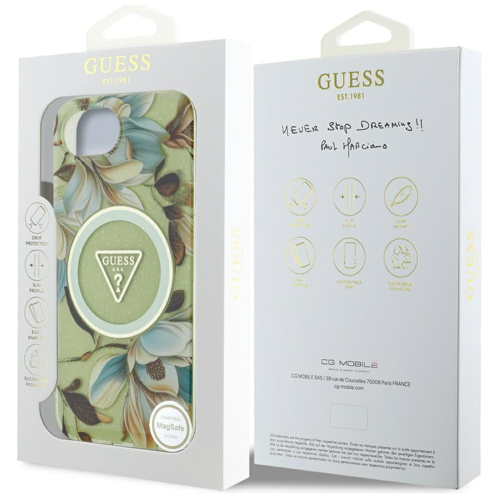 MagSafe Case for Apple iPhone 17e / 16e, Guess, IML Metal Glitter Flowers Triangle, Green